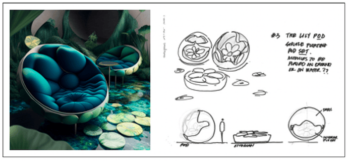 Turquoise love seats surrounded by lily pads. A more polished version, with green lily pads and blue water, is juxtaposed with a sketched version of the image.